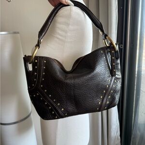 Kenneth Cole Dark Brown Studded Leather Shoulder Bag